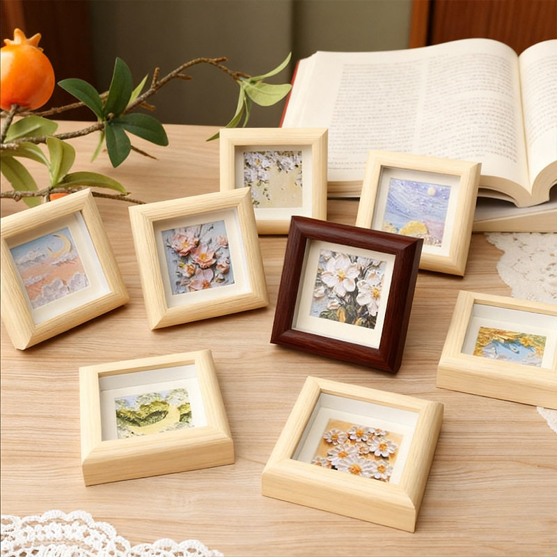 Wooden Photo Frame DIY Oil Painting Mini Small Square Frame Square Hollow Photo Frame Oil Pastel Can Be Hung or Placed on the Table Creative Frame