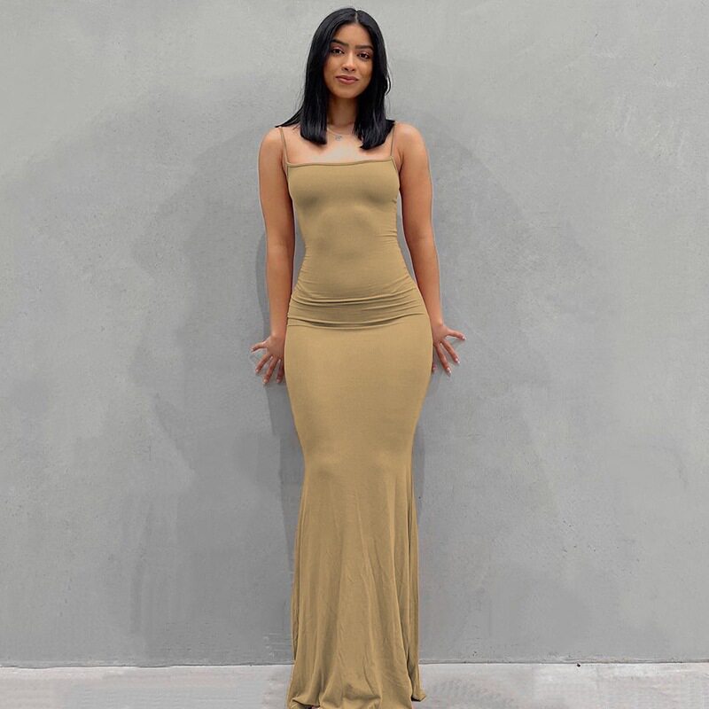 Womens Solid Color Bodycon Maxi Dress Spaghetti Straps Mermaid Hem Peach Butt Lift Elegant Evening Wear Wholesale
