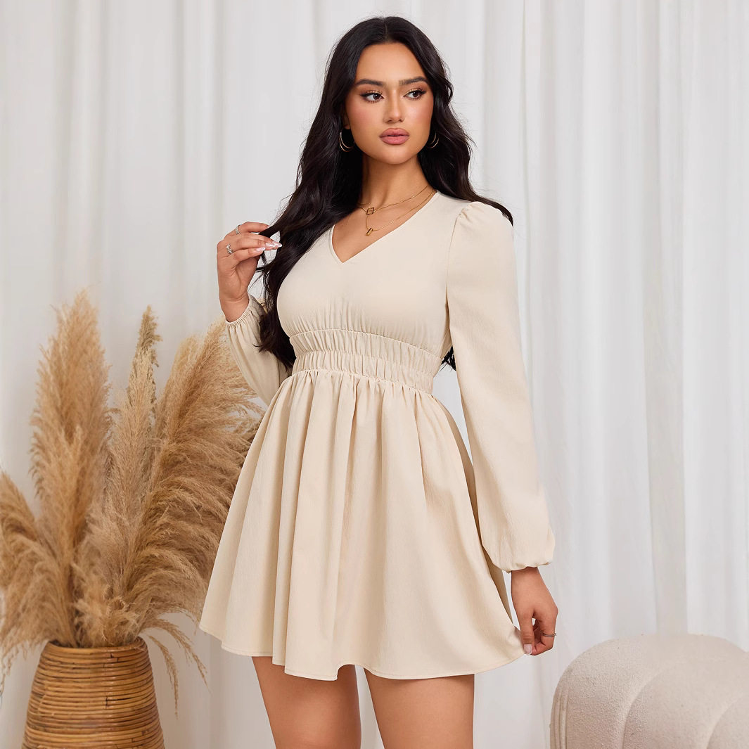 Elegant Womens Dress Versatile Slim Fit V Neck Elastic Waist Spring Summer Style Wholesale Available