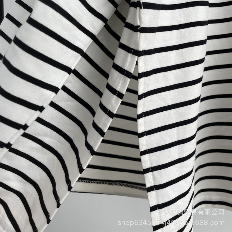 Womens Striped Loose Fit Cotton T Shirt Casual Long Sleeve Round Neck Side Slit Spring Summer Fashion Wholesale