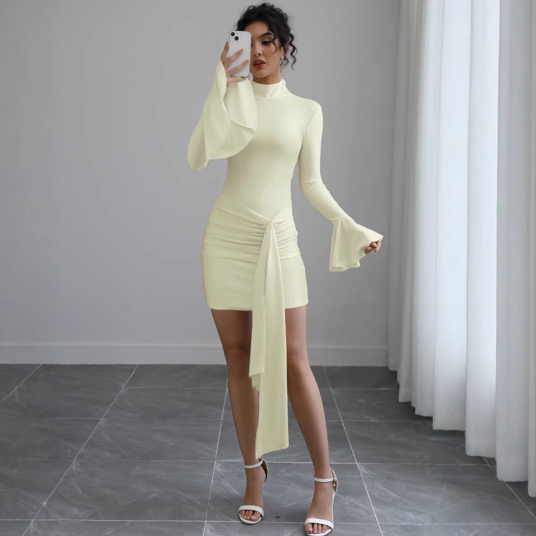 Fashionable Solid Color Bodycon Dress High Neck Flared Sleeves Slim Fit Casual or Evening Wear Wholesale Available