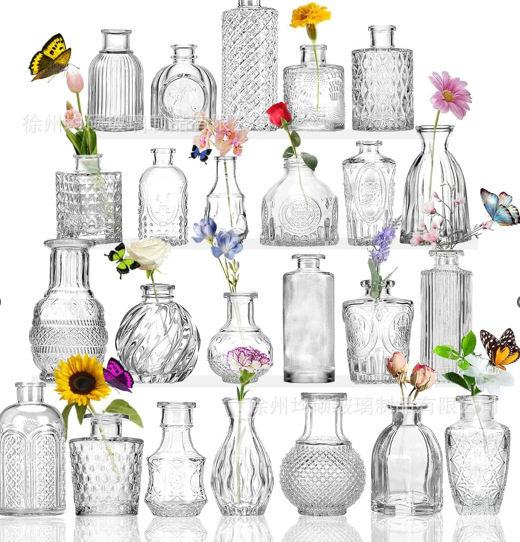 跨境热销复古玻璃花瓶插画高级感香薰瓶 透明ins风摆件小花瓶套装