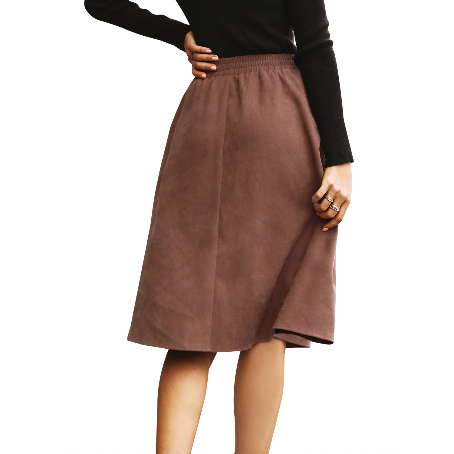 A Line Midi Skirt Button Detail Elastic Waist Fall Fashion Casual Wear for Women Wholesale Available
