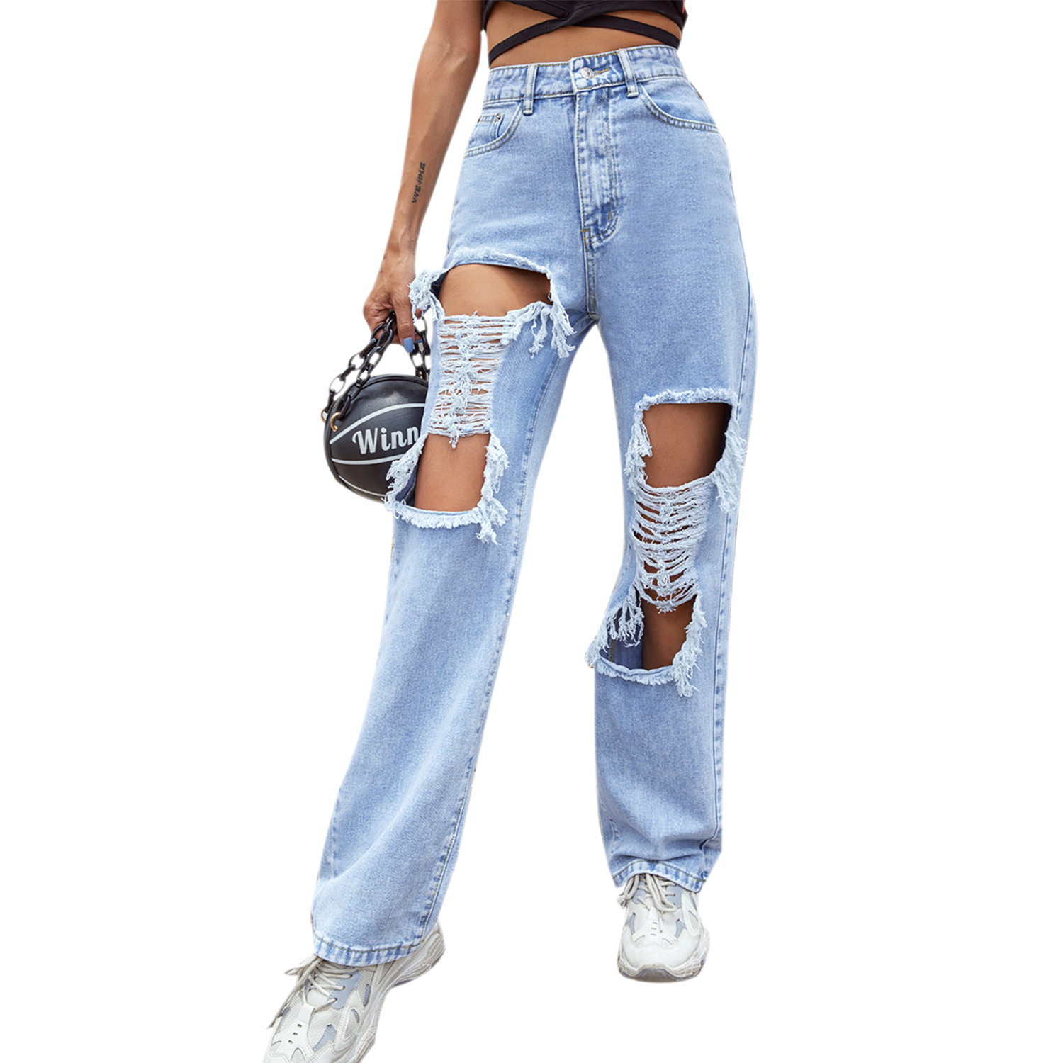 Loose Fit Ripped Denim Jeans Streetwear Style Hip Hop Fashion Flattering Design Womens Casual Wear Wholesale