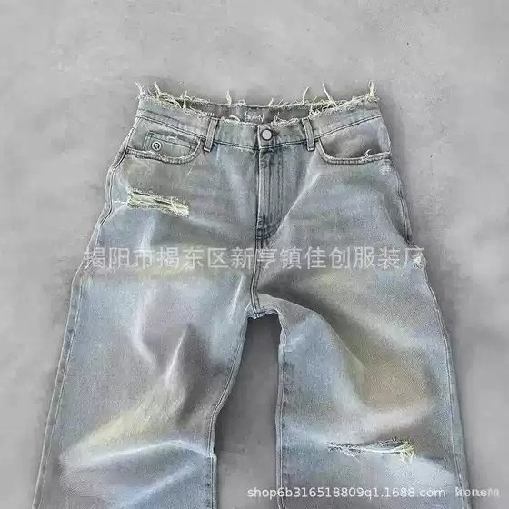 Cross-border factory direct European and American ripped jeans high street fashion brand old straight embroidered men's Denim trousers