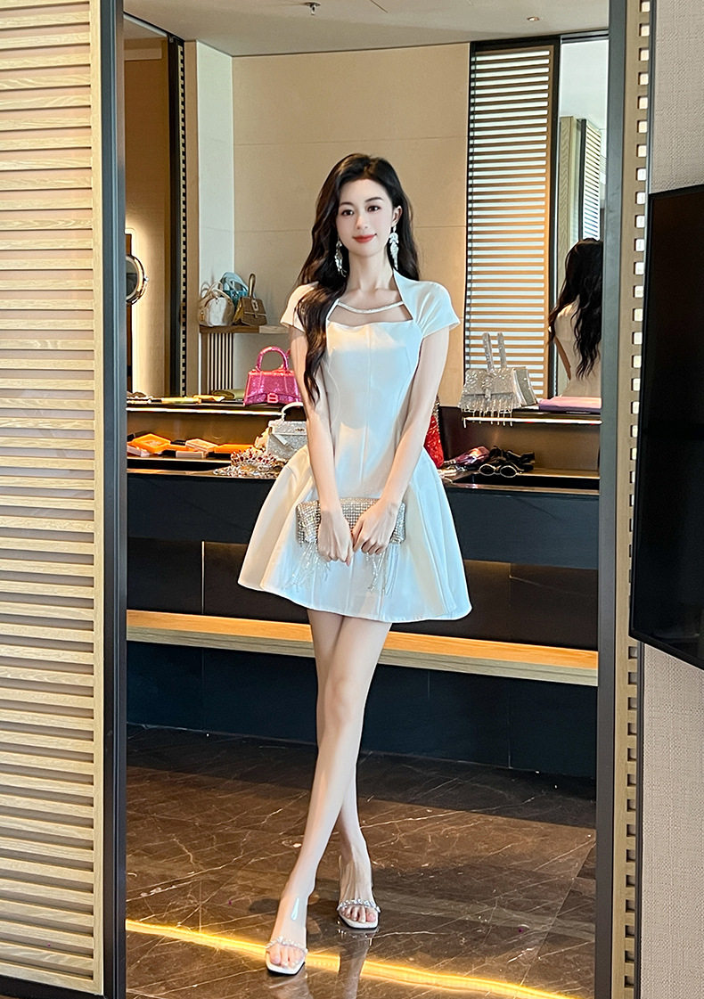 Đầm suông nữ midi cổ vuông phong cách Pháp tay ngắn — [Trắng] chi tiết 8