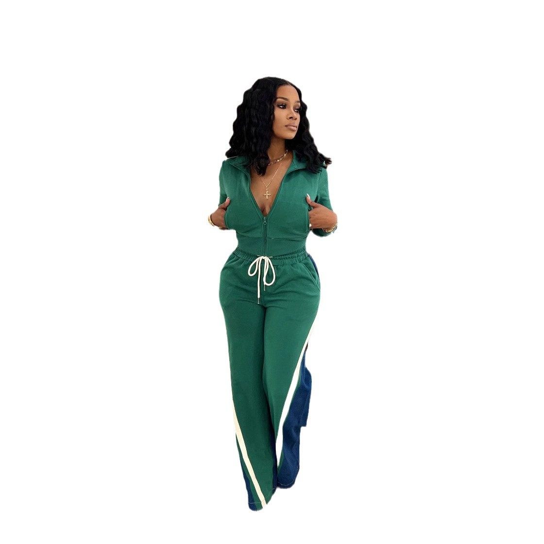 4725 cross-border European and American women's clothing German velvet Denim thread stitching sports pants suit two-piece set of 4 pockets