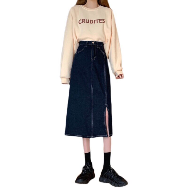 Vintage High Waisted A Line Denim Skirt Slim Fit Mid Length Side Slit Summer Casual Wear Wholesale Available