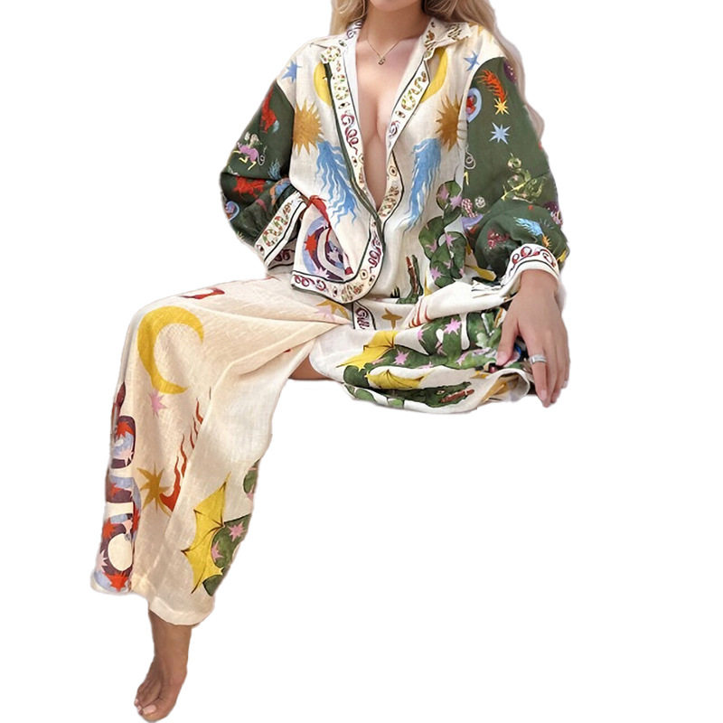 Womens Spring Fashion Set Casual Printed Long Sleeve Shirt and Loose Pants Stylish and Comfortable Wholesale Available