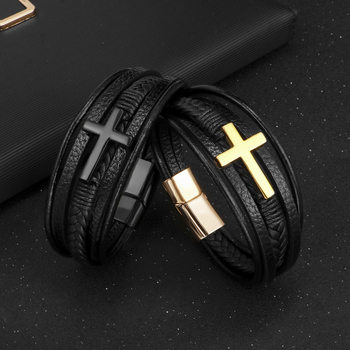 Cross-Border Hot Selling European and American Cross Leather Bracelet Men's Multi-Layer Hand-Woven Rope Magnet Buckle Genuine Leather Bracelet