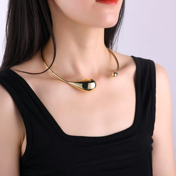 Cross-Border New Alloy Choker Necklace, European and American Exaggerated Necklace for Women, Teardrop-Shaped Metal Shiny Accessory Necklace