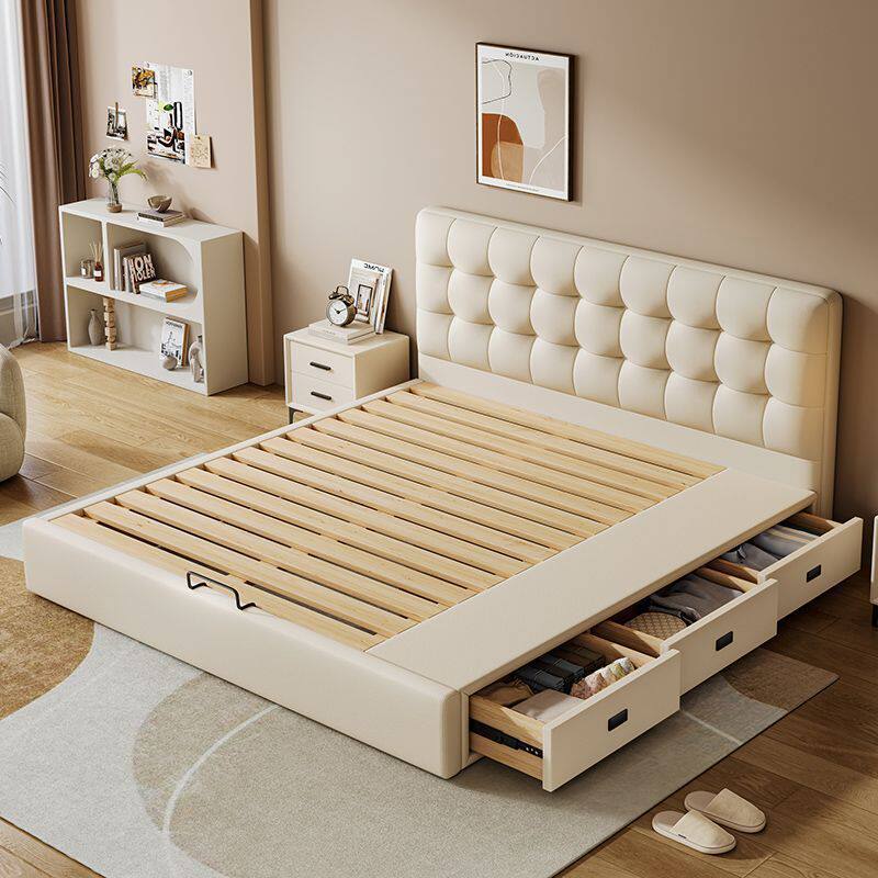 Modern Simple Leather High Box Master Bedroom Double Bed Small Apartment Drawer Wooden Bed Multi-Functional Soft Bag Air Pressure Storage Bed