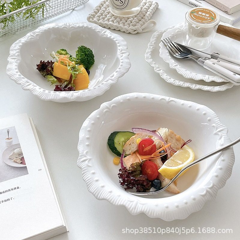 Ins French Embossed Lace Special-Shaped Salad Bowl Pure White Ceramic Soup Bowl High-End Western Restaurant Vegetable and Fruit Bowl