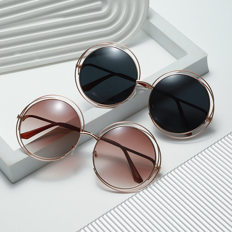 Korean fashion metal double ring sunglasses reflective HD color film sunglasses men and women fashion sunglasses wholesale