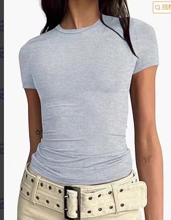 欧美女装休闲长袖t恤春秋纯色修身套头衫t恤女街装打底衫上衣