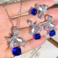 Luxurious Banquet Super Fairy Pendant Necklace Inlaid with Simulated Royal Sapphire Ring Blue Diamond Earrings Color Treasure Set for Women