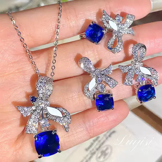 Luxurious Banquet Super Fairy Pendant Necklace Inlaid with Simulated Royal Sapphire Ring Blue Diamond Earrings Color Treasure Set for Women