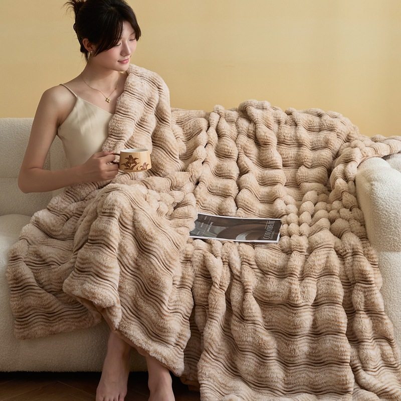 European Style Double Layer Thickened Rabbit Plush Blanket Striped Rabbit Fur Blanket Leisure Office Nap Blanket Cover Blanket Foreign Trade Wholesale
