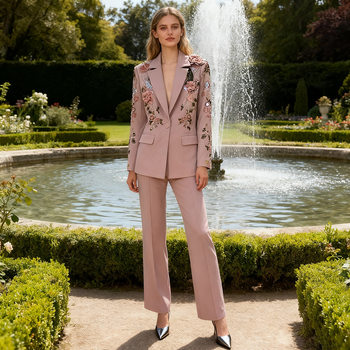 French Style Beaded Flower Long-Sleeved Suit 2025 Autumn New High-End Waist Wide-Leg Two-Piece Suit for Women