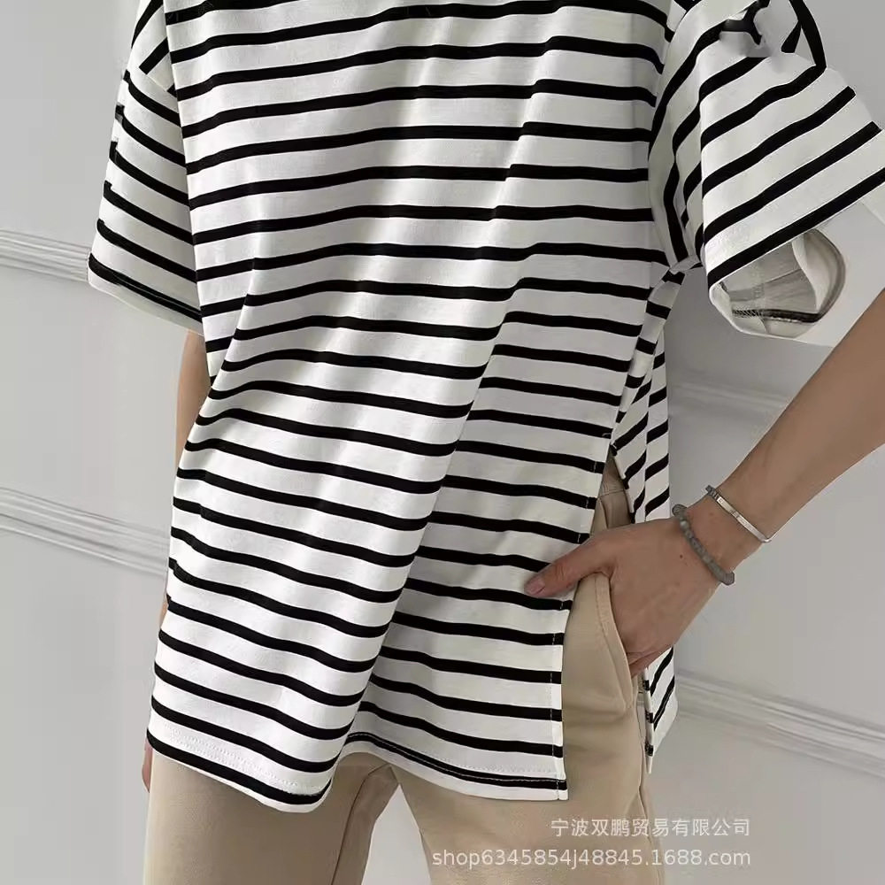 Womens Striped Cotton T Shirt Loose Fit Long Sleeve Split Hem Casual Spring Summer Style Wholesale Available
