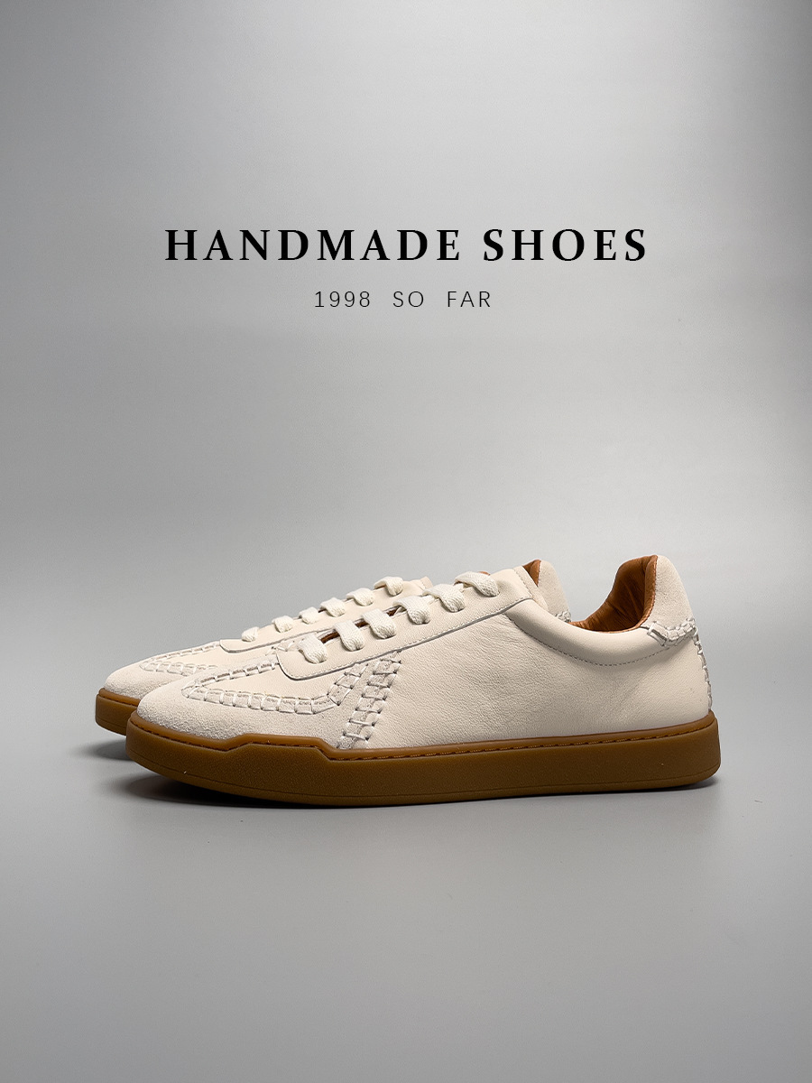 Giày sneaker nam da bò thật cao cấp đế thấp kiểu bóng chày — Màu Be [tỷ lệ chất lượng trên 1000]