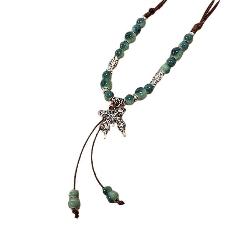 Colorful Ethnic Style Ceramic Butterfly Bell Pendant Woven Necklace Women's Accessories Retro Chinese Style Long Sweater Chain