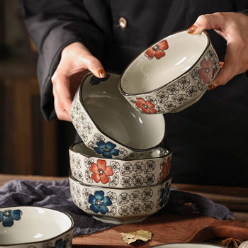 Japanese-Style Retro Commercial Low-Foot Octagonal Steamed Rice Bowl, Fried Noodle Bowl, Underglaze Color Creative Ceramic Bowl