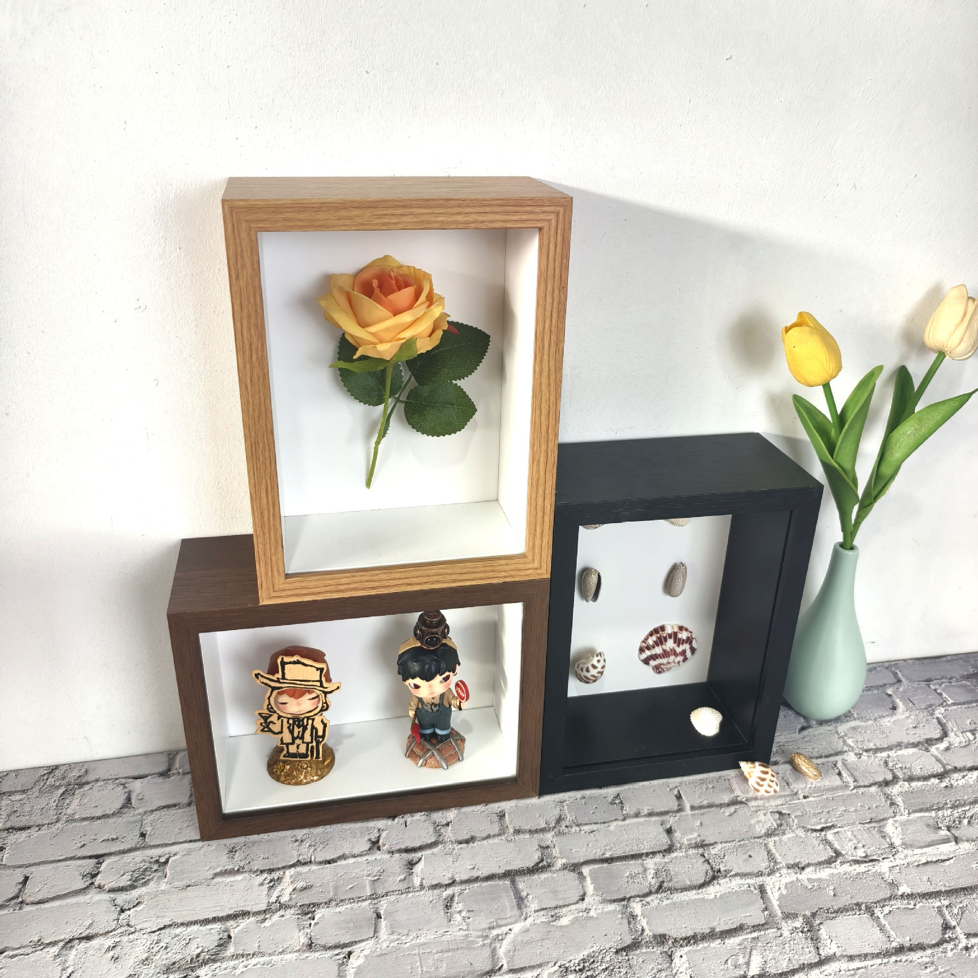 Three-Dimensional Hollow 7cm Storage Specimen Butterfly Insect Shell Handmade DIY Dried Flower Wooden Photo Frame Table Can Be Hung on the Wall