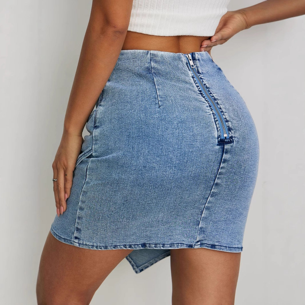 High Waisted Ruffled Asymmetrical Denim Skirt Womens Fashion Comfortable Fit Versatile Style Wholesale Available