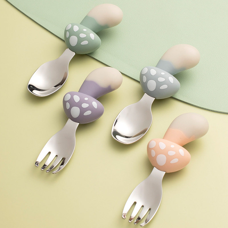 Baby Silicone Spoon Baby Food Tableware Creative Mushroom Children's 304 Stainless Steel Spoon Fork Gift Box Set