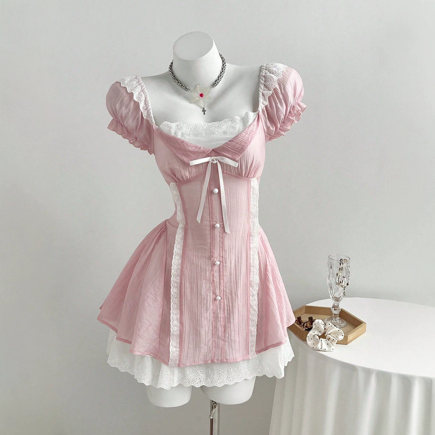 Mini Dress Color Block Puff Sleeves Bow Tie Detail Waist Cinching Casual Wear for Women Ready to Ship