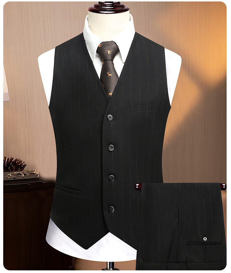 Bộ vest nam ba mảnh ve nhọn hai hàng khuy dáng ôm — Sọc đen quý ông (áo + quần), Sọc đen quý ông (áo + vest + quần)