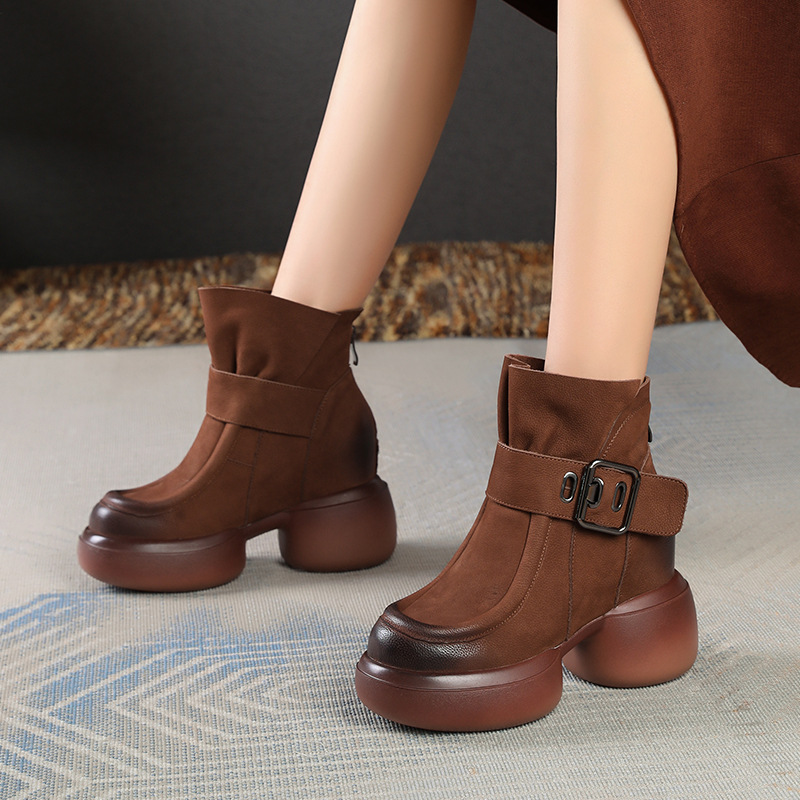 Boot Cổ Thấp Nữ Cao 10cm Mũi Tròn Gót Vuông Tăng Chiều Cao Đế Cao Hàng Mùa Xuân Thu Đông Phục Cổ Cổ Điển