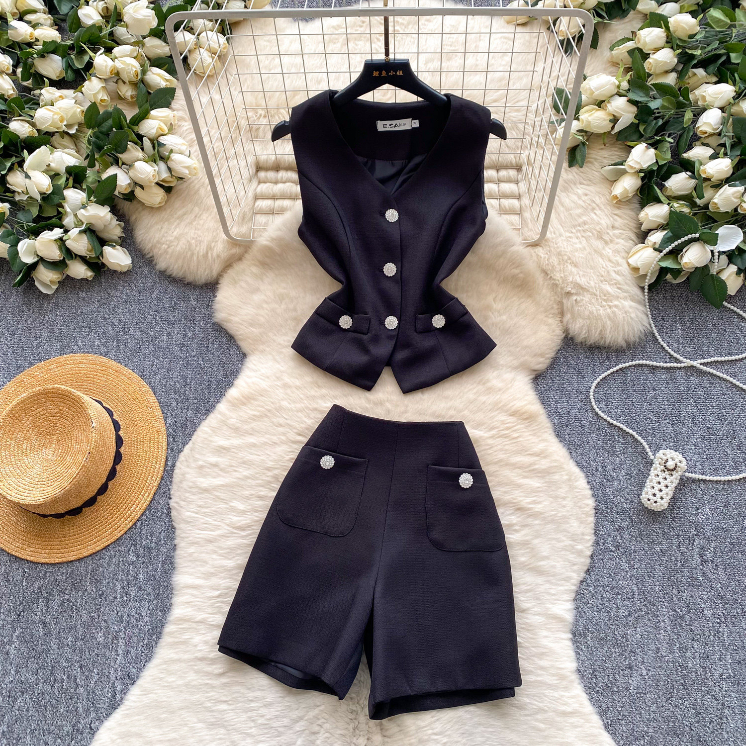 Pink Tweed Vest and High Waisted Shorts Set Rhinestone Embellished Elegant Style Summer Fashion for Women Wholesale