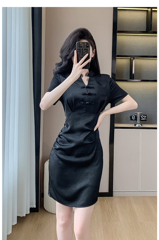 Váy Đầm Nữ Dáng Ôm Chiết Eo Phong Cách Trung Hoa Cổ Điển Màu Đen chi tiết 28