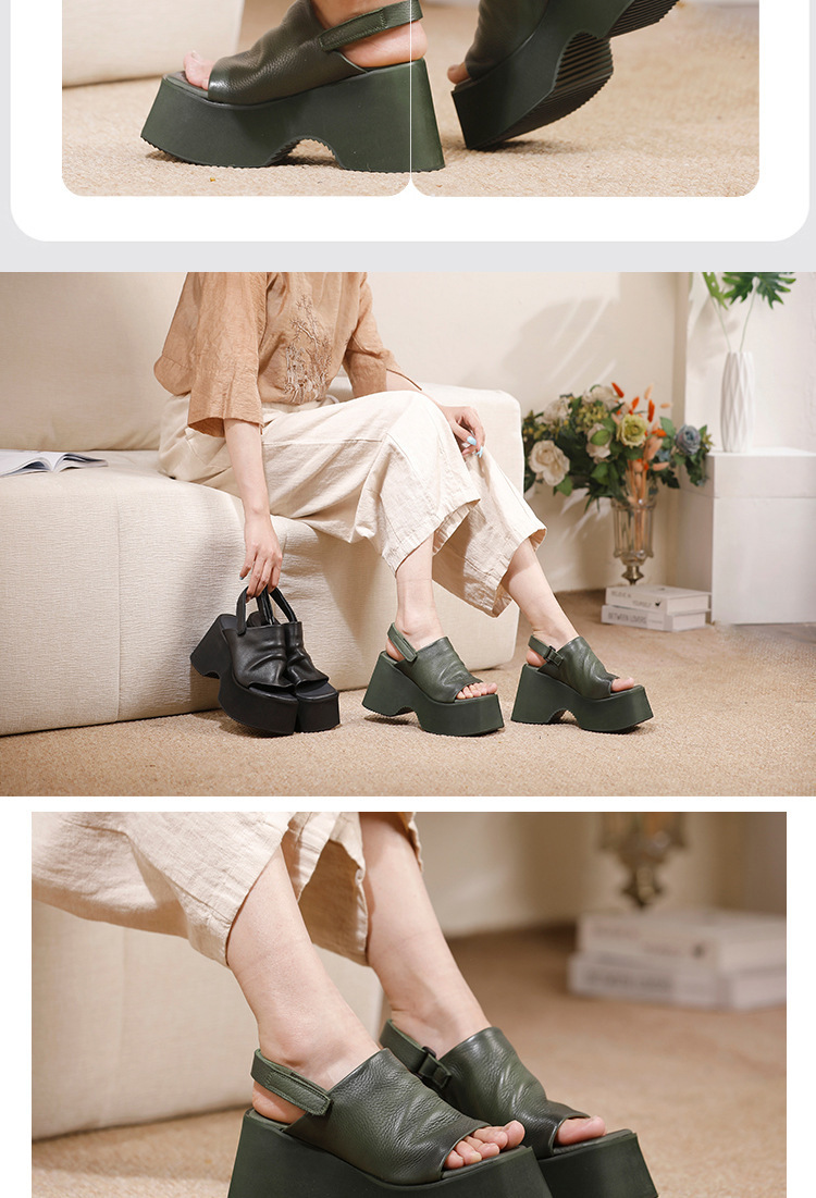 Sandal nữ quai ngang đế dày da bò mũi cá tăng chiều cao — màu đen, Xanh rêu đậm