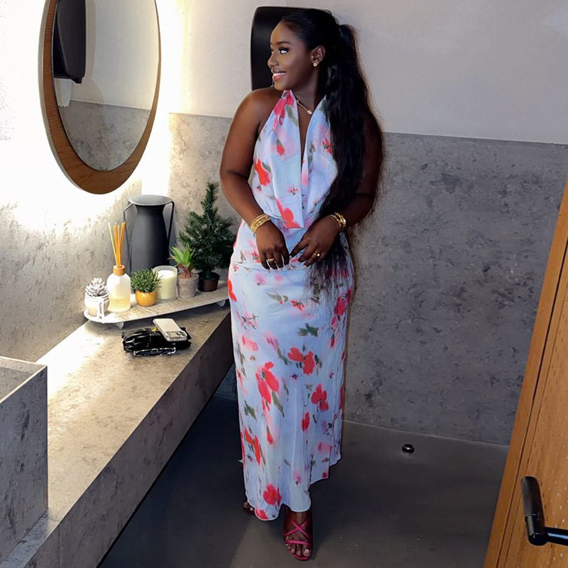 Casual Floral Print Maxi Dress Waist Defining Backless Elegant Style Perfect for Parties and Summer Events