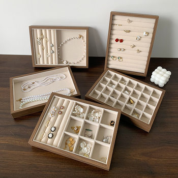 Jewelry Tray Walnut Velvet Ring Earrings Necklace Bracelet Display Large Capacity Jewelry Storage Box