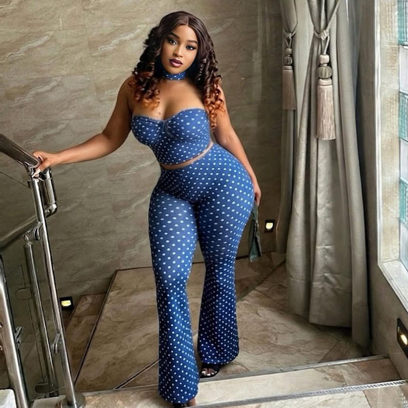 Polka Dot Two Piece Set Sexy Crop Top Wide Leg Pants Backless Design Yoga Casual Wear Wholesale Available
