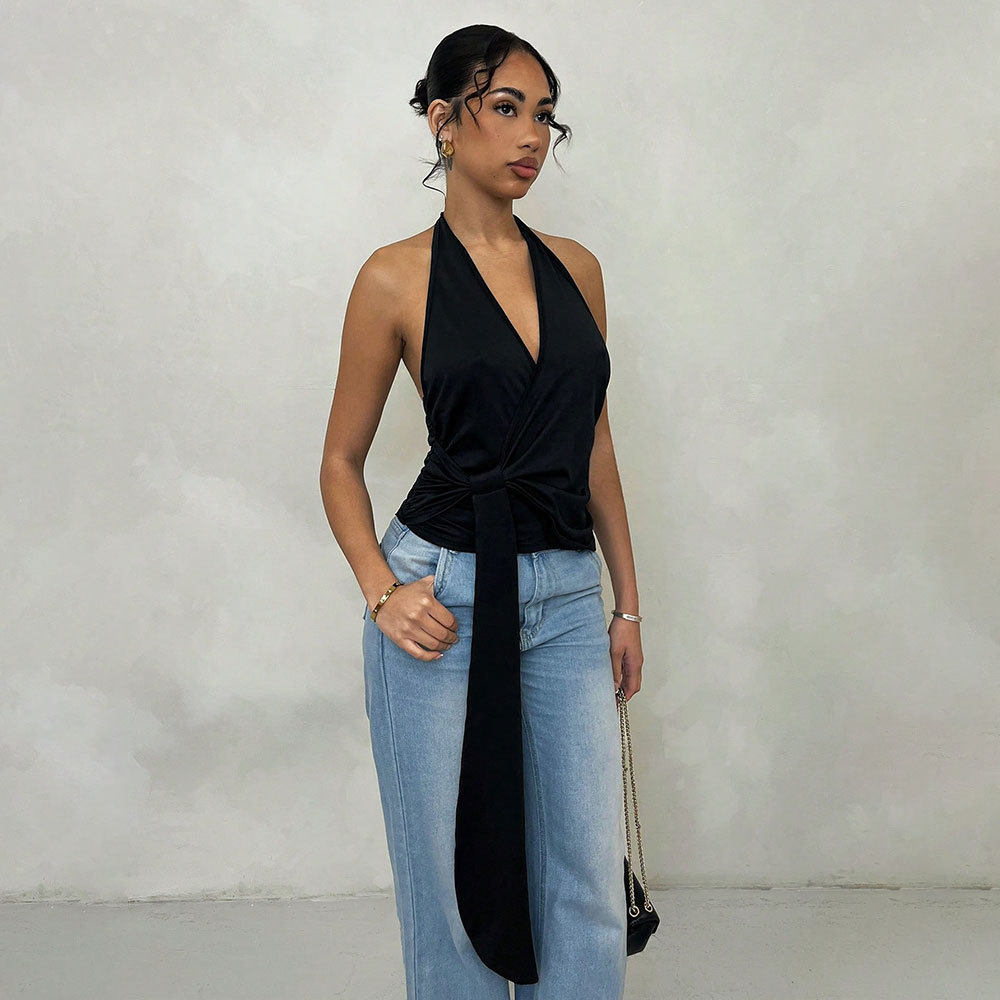 French Style Womens Summer Top Unique Halter Neck Deep V Backless Design Casual Wear for Fashion Forward Outfits