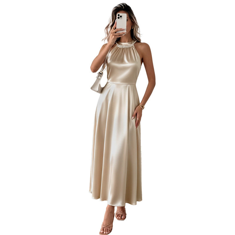 Champagne Satin Halter Neck Dress Minimalist Design Beaded Collar Elegant Style Perfect for Evening Events OEM