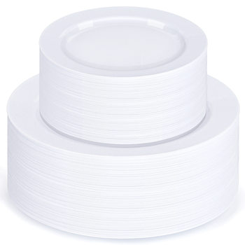Amazon 100 Pieces Disposable Pure White Ps Hard Plastic Dinner Plate Set for 50 People White Plastic Plate Wholesale