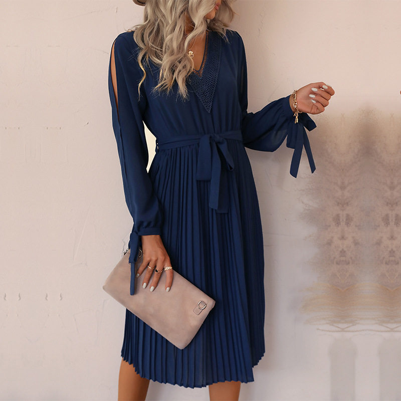 Womens Long Sleeve Hollow Out Dress Solid Color V Neck European and American Design Perfect for Autumn Occasions