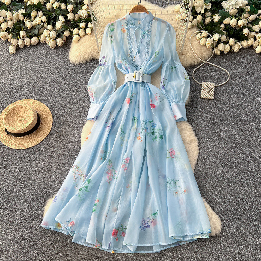 French Romantic Lantern Sleeve Floral Dress Hollow Out Waist Tie A Line Silhouette Elegant Evening Wear Wholesale