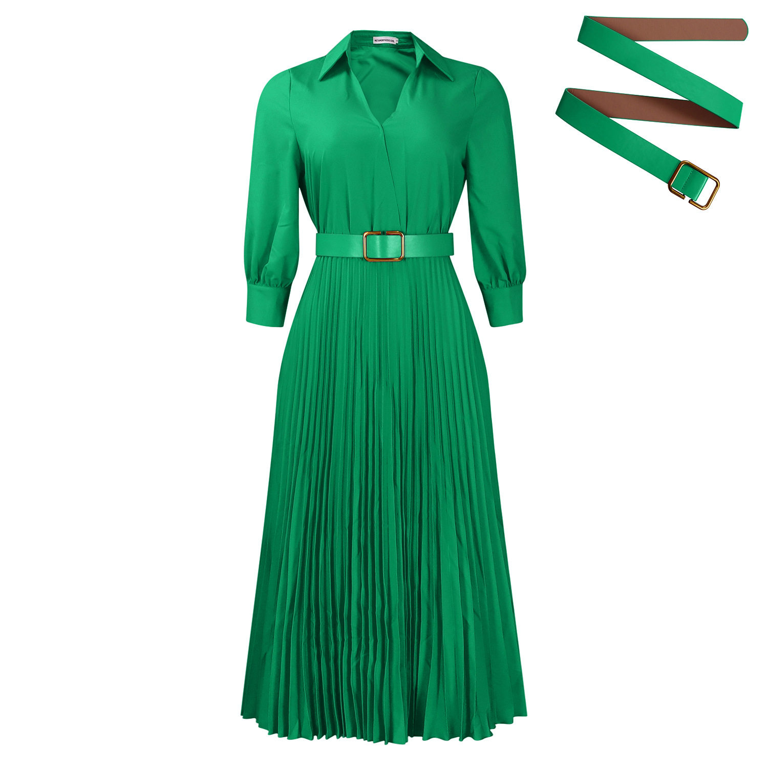 V Neck Long Sleeve Pleated Dress Solid Color Flowy Skirt Fashionable Design Spring Summer Wear Wholesale Available