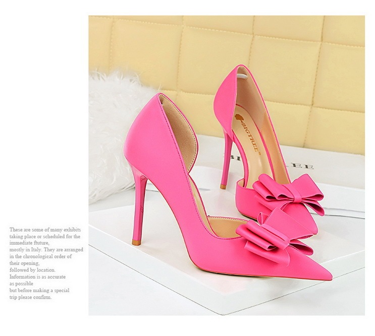 Giày cao gót nữ mũi nhọn gót siêu cao 10.5cm mặt lụa satin thắt nơ hở hông — Màu đen, Màu đỏ hoa hồng, Màu đỏ rượu, Màu hồng