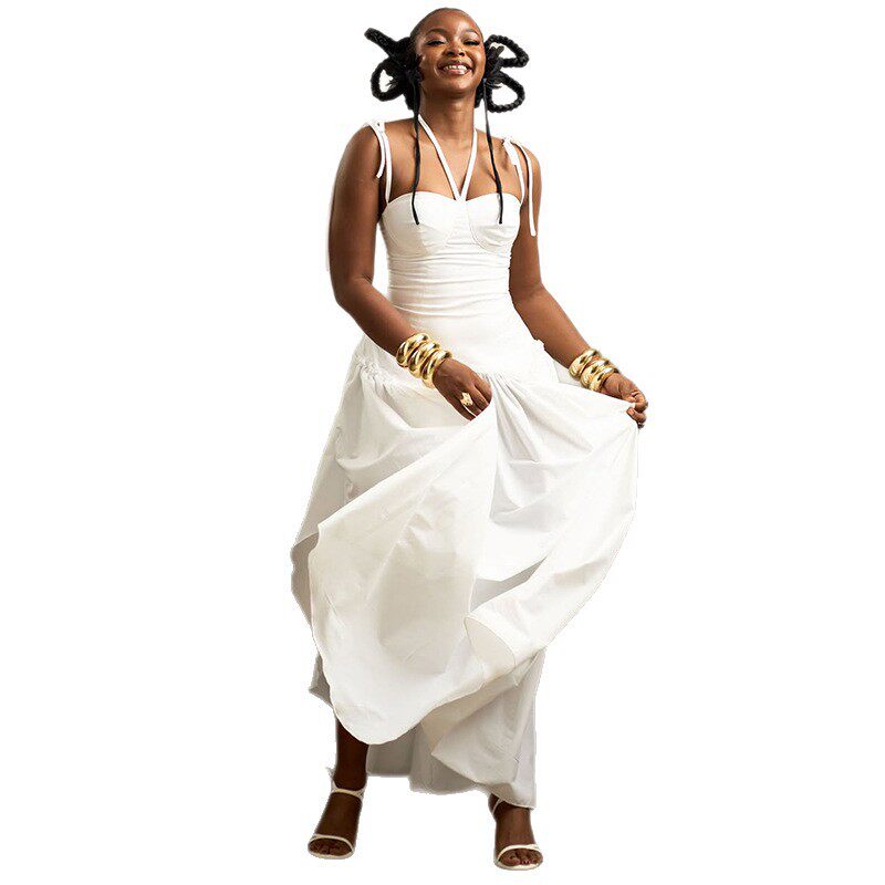Casual A Line Dress Solid Color Ruched Waist Backless Halter Neck Street Style for Summer Wholesale Available