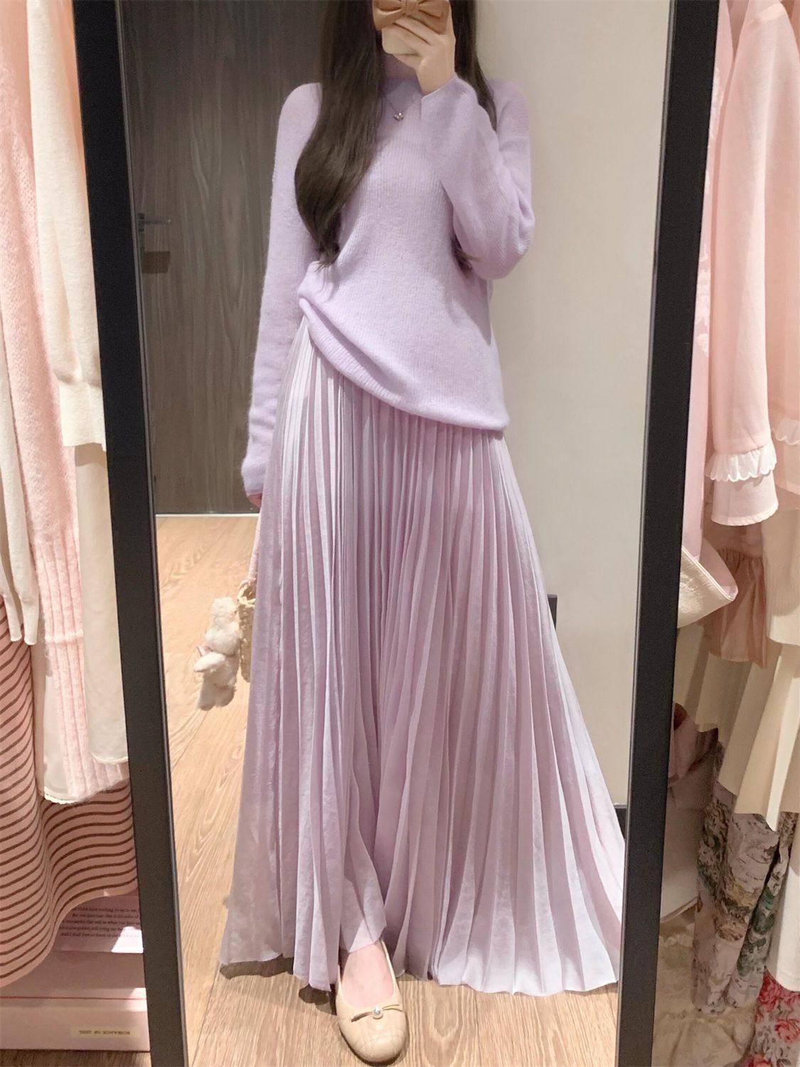 Gentle Slim-fit Slimming Purple High-end All-match Pleated Skirt Gentle Sweet Taro Purple Sweater Two-piece Set for Women