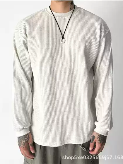 American Style Waffled Sweater with Small Neck for Men European-made Slim-fit Long-sleeved Tooling T-shirt Texture Split Base Shirt Trendy