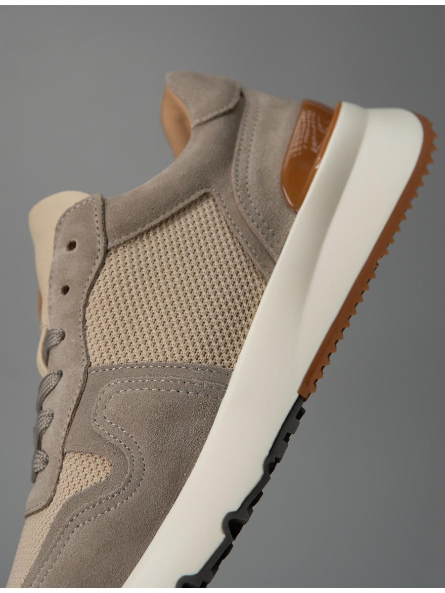 Giày sneaker nam da bò thật thoáng khí đế dày thủ công — Màu kaki